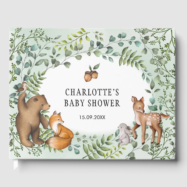 Stylish Forest Woodland Baby Animals Greenery Guest Book (Front)