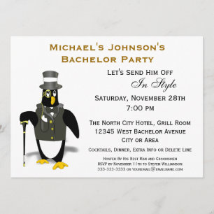 Stylish Formal Tuxedo Penguin Bachelor Party Invitation