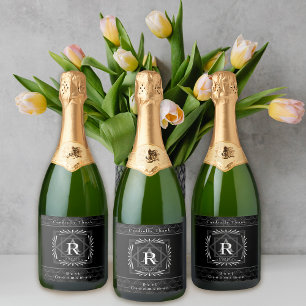 Stylish Frame Black Monogram  Sparkling Wine Label