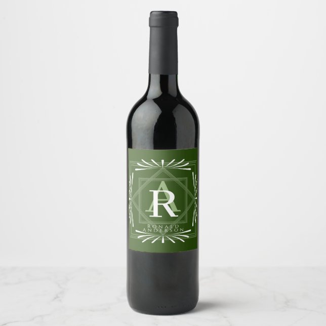 Stylish Frame Green Monogram Wine Label (Front)
