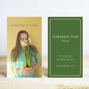 Stylish Full Vertical Photo Green & Yellow Script Business Card