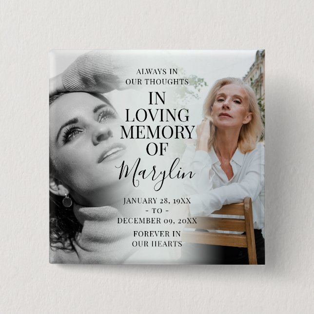 Stylish Funeral Memorial Before & After Photo 2 Inch Square Button (Front)