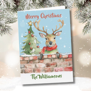 Stylish Funny Watercolor Reindeer Christmas Tree  Card
