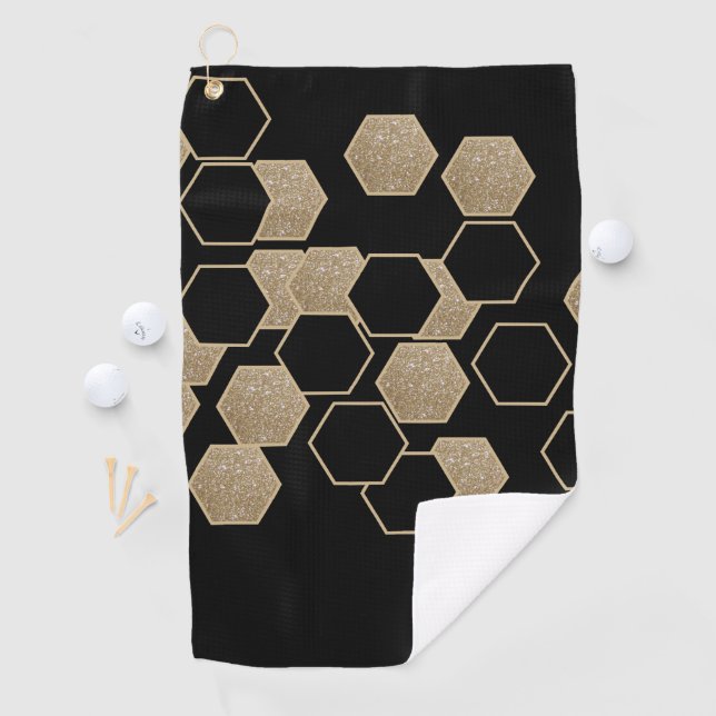 stylish geometric black and gold hexagon pattern golf towel (InSitu)