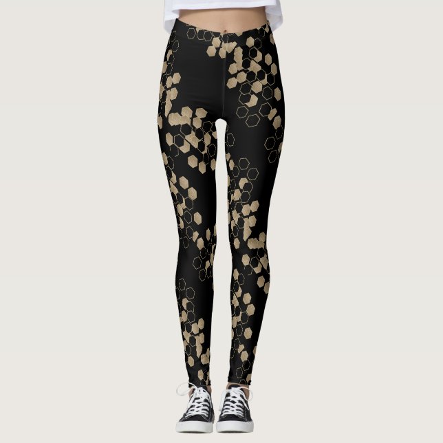 stylish geometric black and gold hexagon pattern leggings (Front)