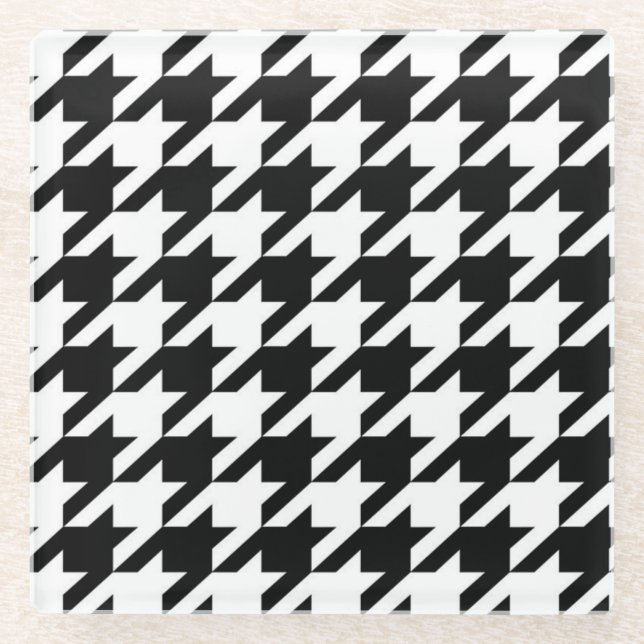 stylish geometric black white houndstooth pattern glass coaster (Front)