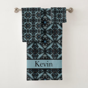stylish, geometric, blue, black, Oriental, Bath Towel Set
