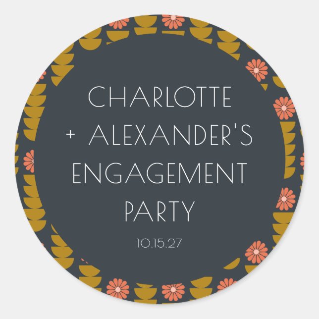 Stylish Geometric Floral Custom Engagement Party  Classic Round Sticker (Front)