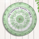 Stylish Geometric Line Art Green White Custom Name Dartboard<br><div class="desc">Elevate your games room with this stylish and quirky dartboard. The board features an intricate geometric pattern in white on light green, with curved lines creating a detailed line art design. The effect is like a crochet lace mat or a beautifully symmetrical abstract flower. Personalize with with your name(s) and...</div>