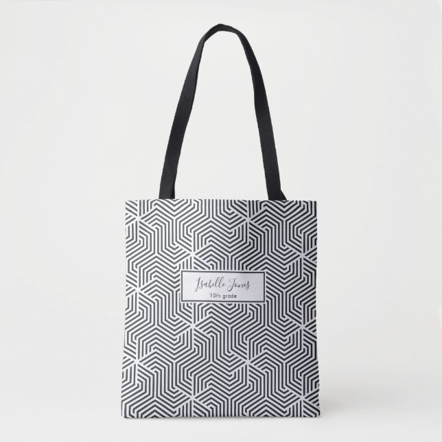 stylish geometric script personalized college tote bag (Front)
