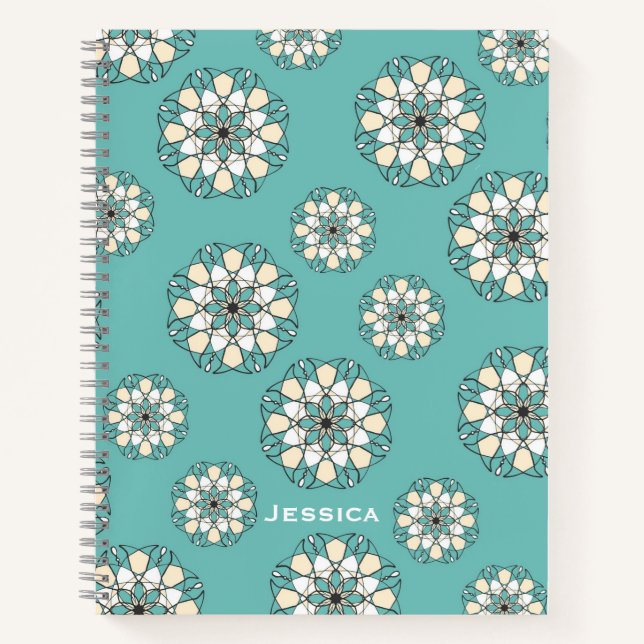 Stylish Geometric Teal Floral Mandala Personalised Notebook (Front)