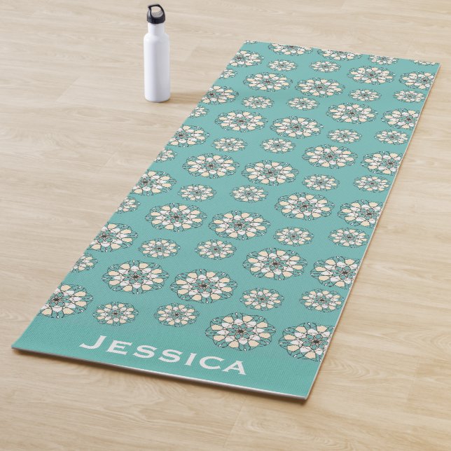 Stylish Geometric Teal Floral Mandala Personalised Yoga Mat (In Situ)