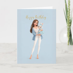 Stylish Girl in Blue Lace w/ Cute Bunny BDay Card