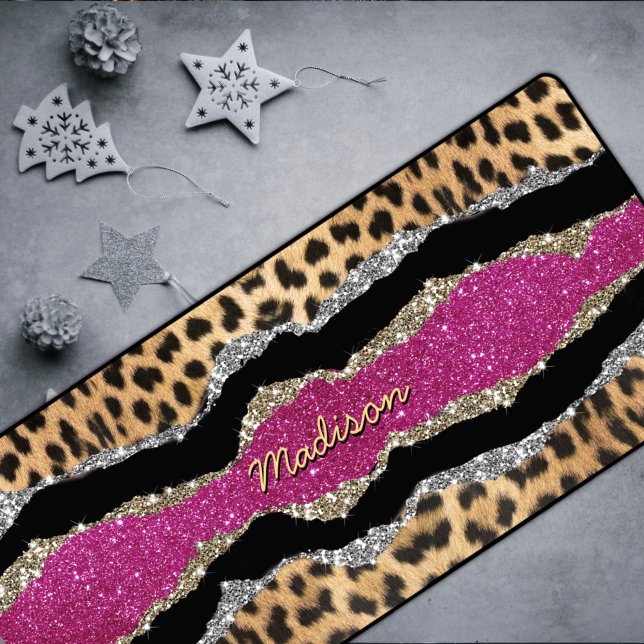 Stylish girly animal print pink glittery monogram desk mat (Creator Uploaded)