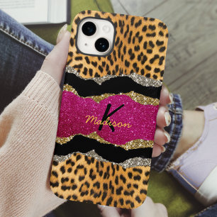 Stylish girly animal print pink glittery monogram  iPhone 13 case