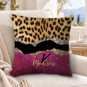 Stylish girly animal print pink glittery monogram throw pillow