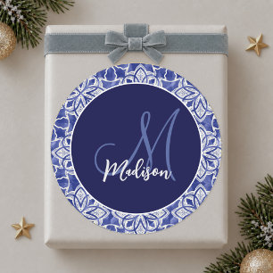 Stylish girly blue grey initial monogrammed classic round sticker