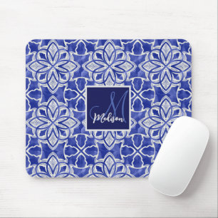 Stylish girly blue grey initial monogrammed mouse pad