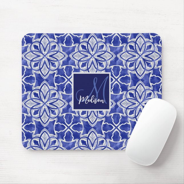 Stylish girly blue grey initial monogrammed  mouse pad (With Mouse)