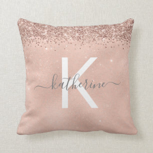 Stylish Girly Chic Rose Gold Glitter Monogram Throw Pillow