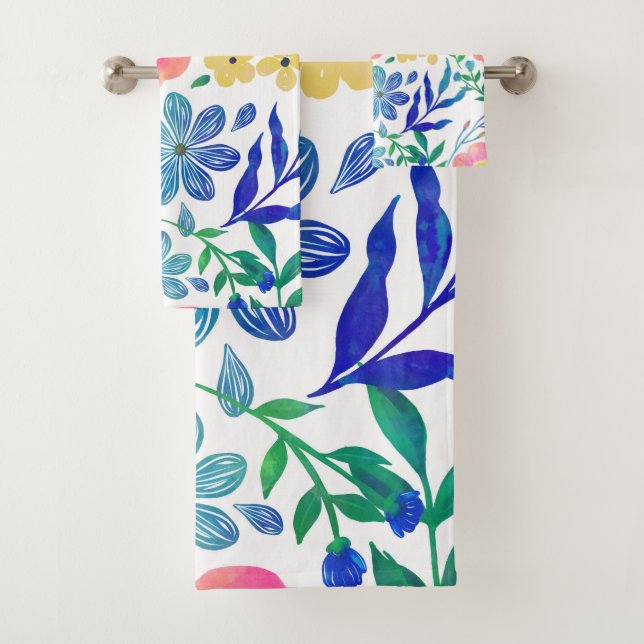 Stylish girly pink flowers hand paint design bath towel set (Insitu)