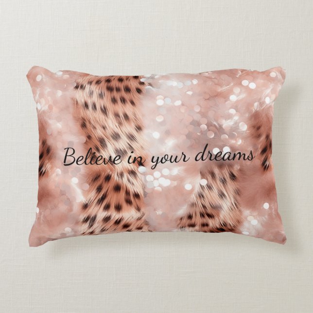 Stylish Girly Pink Rose Gold Leopard Glitz Accent Pillow (Front)