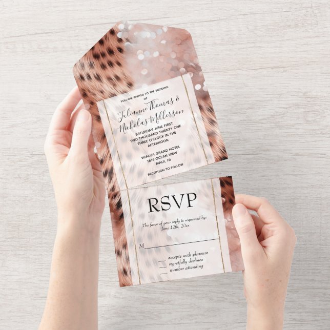 Stylish Girly Pink Rose Gold Leopard Glitz All In One Invitation (Tearaway)