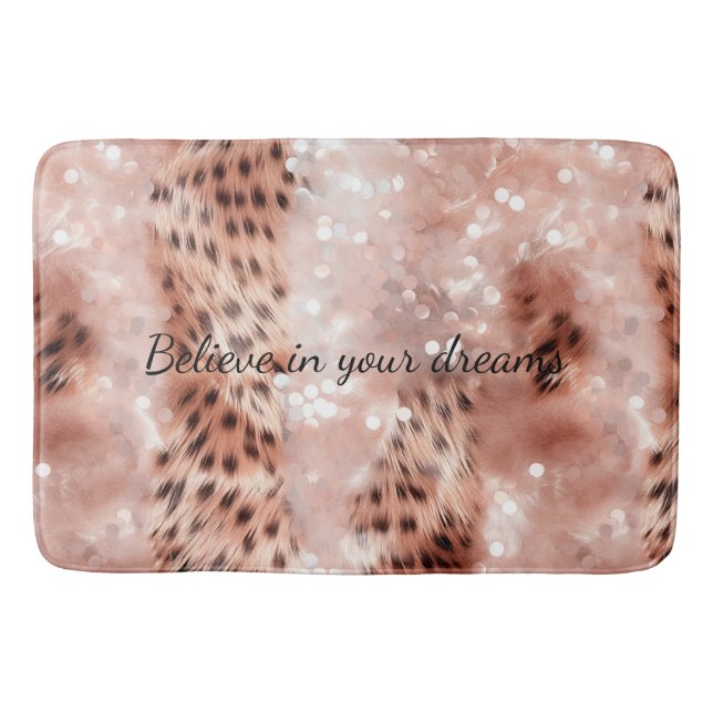 Stylish Girly Pink Rose Gold Leopard Glitz Bath Mat (Front)
