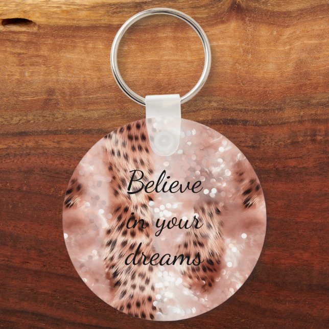 Stylish Girly Pink Rose Gold Leopard Glitz Keychain (Front)