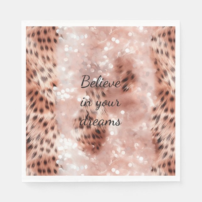 Stylish Girly Pink Rose Gold Leopard Glitz Napkin (Front)