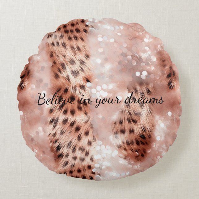 Stylish Girly Pink Rose Gold Leopard Glitz Round Pillow (Front)
