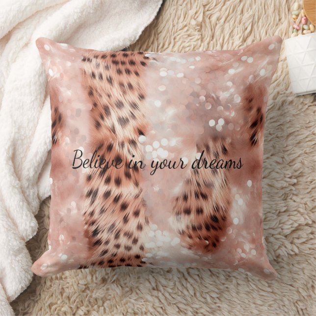 Stylish Girly Pink Rose Gold Leopard Glitz Throw Pillow (Blanket)