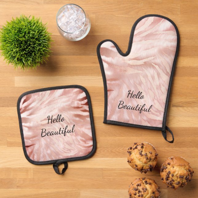 Stylish Girly Pink Rose Gold Zebra Glam Glitz  Oven Mitt & Pot Holder Set (Top Down)