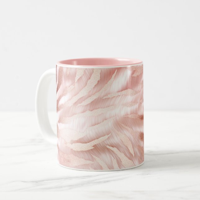 Stylish Girly Pink Rose Gold Zebra Glam Glitz  Two-Tone Coffee Mug (Front Left)