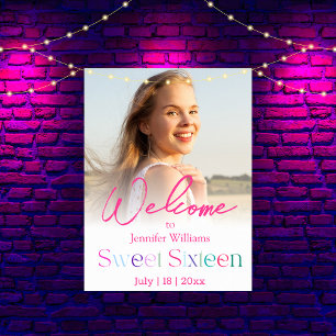 stylish girly pink script photo sweet 16 welcome poster