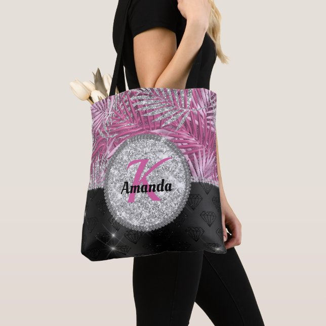 Stylish girly pink silver glitter leaves monogram  tote bag (Close Up)