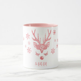 Stylish Girly Pink Snowflakes Reindeer Christmas Mug