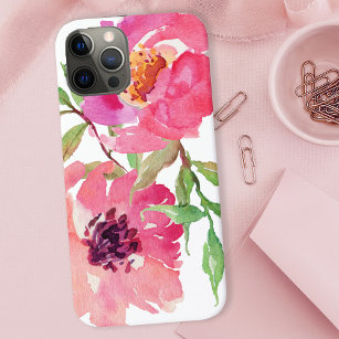 Stylish Girly Pink Watercolor Floral Pattern iPhone 12 Case