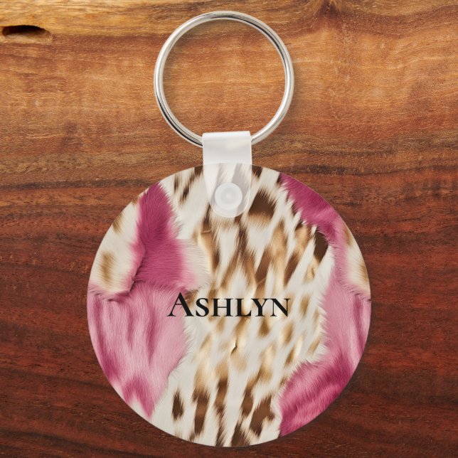 Stylish Girly Pink White Gold Zebra Keychain (Front)
