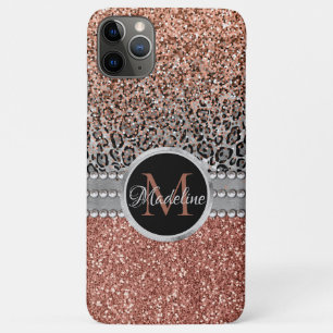 Stylish Girly Rose Gold Glitter Leopard Monogram iPhone 11 Pro Max Case