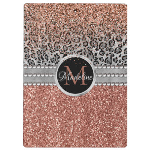 Stylish Girly Rose Gold Glitter Leopard Monogram Clipboard