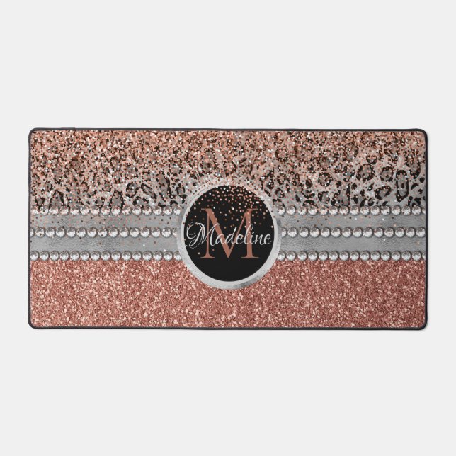 Stylish Girly Rose Gold Glitter Leopard Monogram Desk Mat (Front)