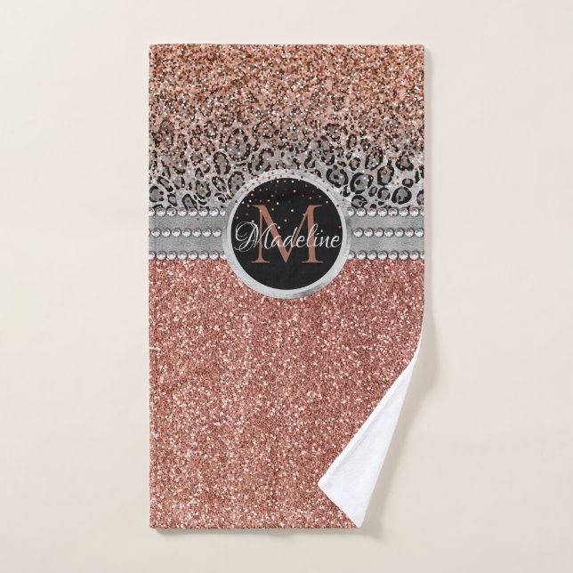 Stylish Girly Rose Gold Glitter Leopard Monogram Hand Towel (Hand Towel)