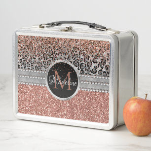 Stylish Girly Rose Gold Glitter Leopard Monogram Metal Lunch Box