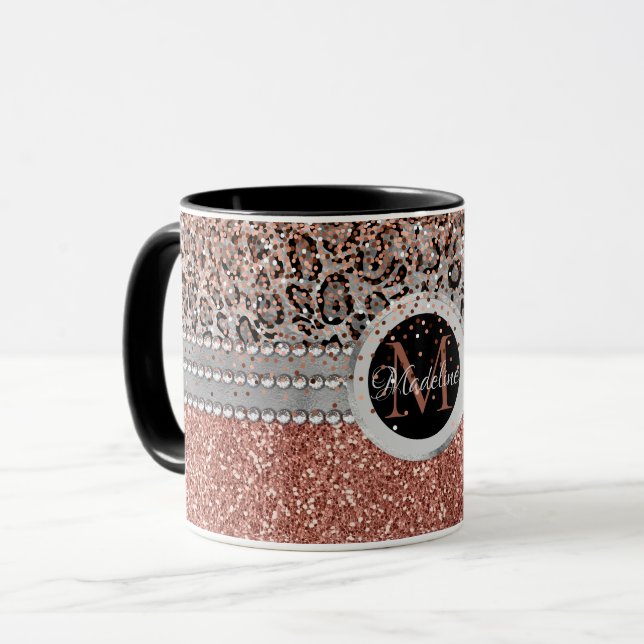 Stylish Girly Rose Gold Glitter Leopard  Monogram  Mug (Front Left)