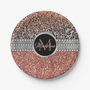Stylish Girly Rose Gold Glitter Leopard  Monogram Paper Plate