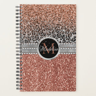Stylish Girly Rose Gold Glitter Leopard Monogram Planner