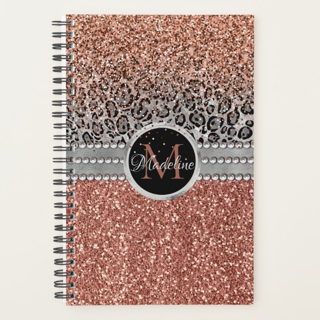 Stylish Girly Rose Gold Glitter Leopard Monogram Planner (Front)