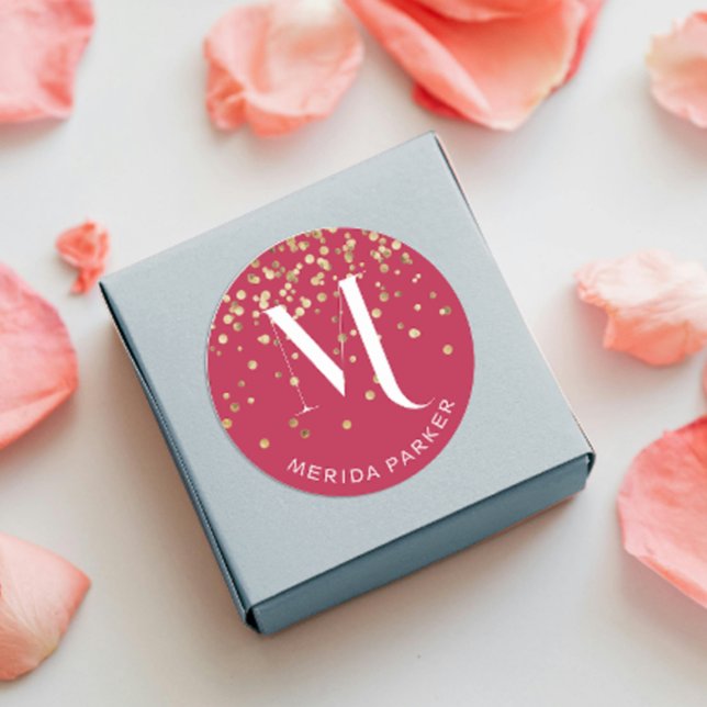 Stylish Glam Red Gold Glitter Initial Monogram  Classic Round Sticker (Creator Uploaded)