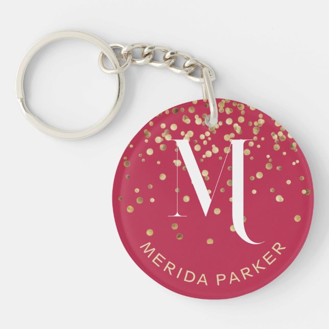 Stylish Glam Red Gold Glitter Initial Monogram  Keychain (Front)